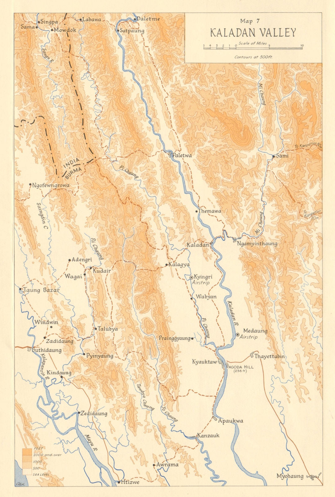 Burma Campaign 1944. World War 2. Arakan. Kaladan Valley 1961 old vintage map